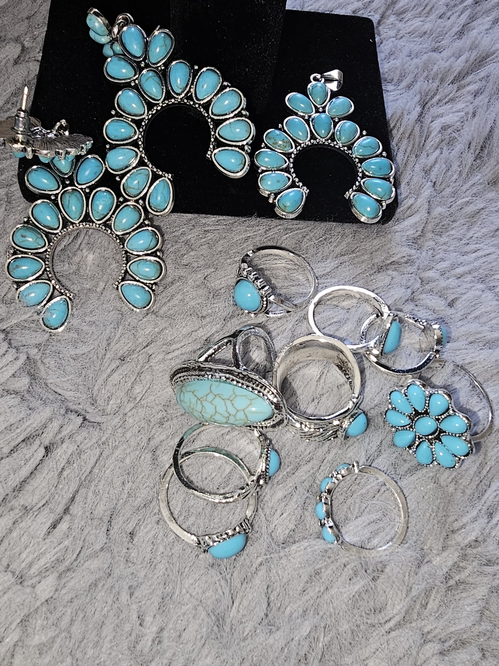 Turquoise Stone Hoop Earrings with Matching Rings - Women Jewelry
